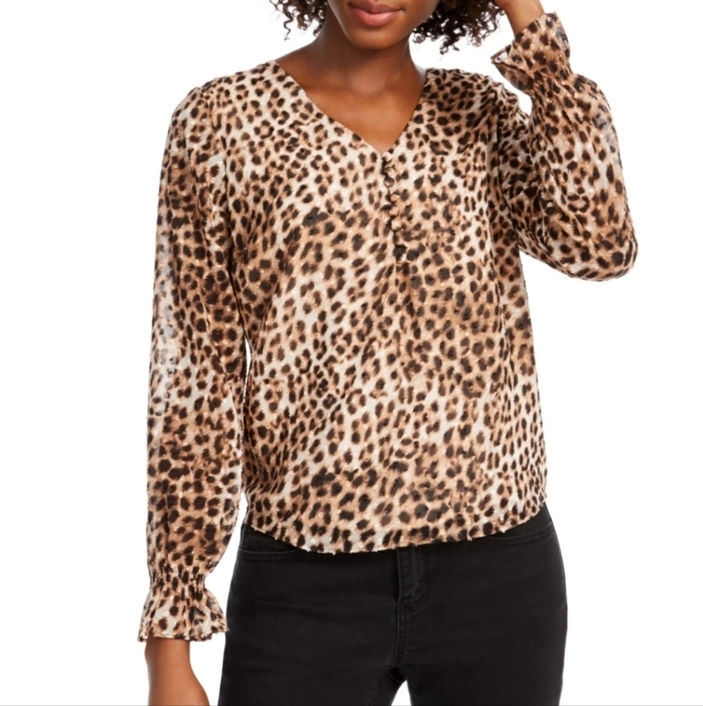 MAISON JULES Women's Brown Black Animal Print V- Neck Long Sleeve Blouse Sz XL